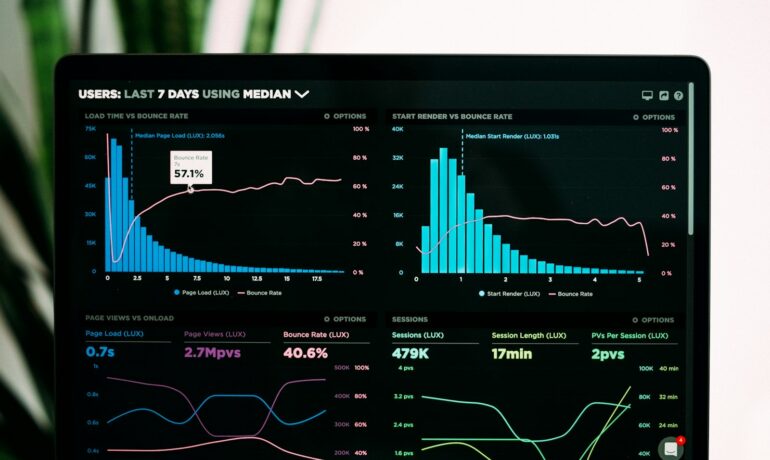Analytics charts on a laptop screen representing credit-scoring model output